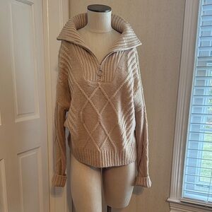 Women's Beige Cable-Knit Half-Zip Turtleneck Sweater